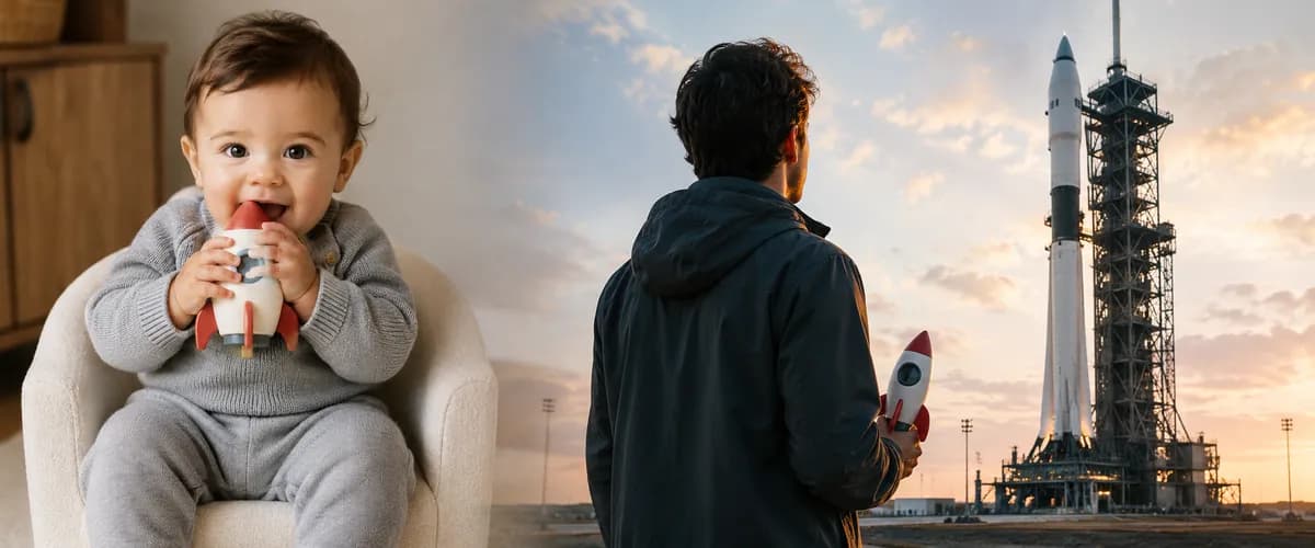 A child's journey from baby with a toy rocket to adult watching a real rocket launch — the path to ownership